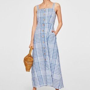 Mango Blue White Checkered Cotton Midi Dress Sz 2